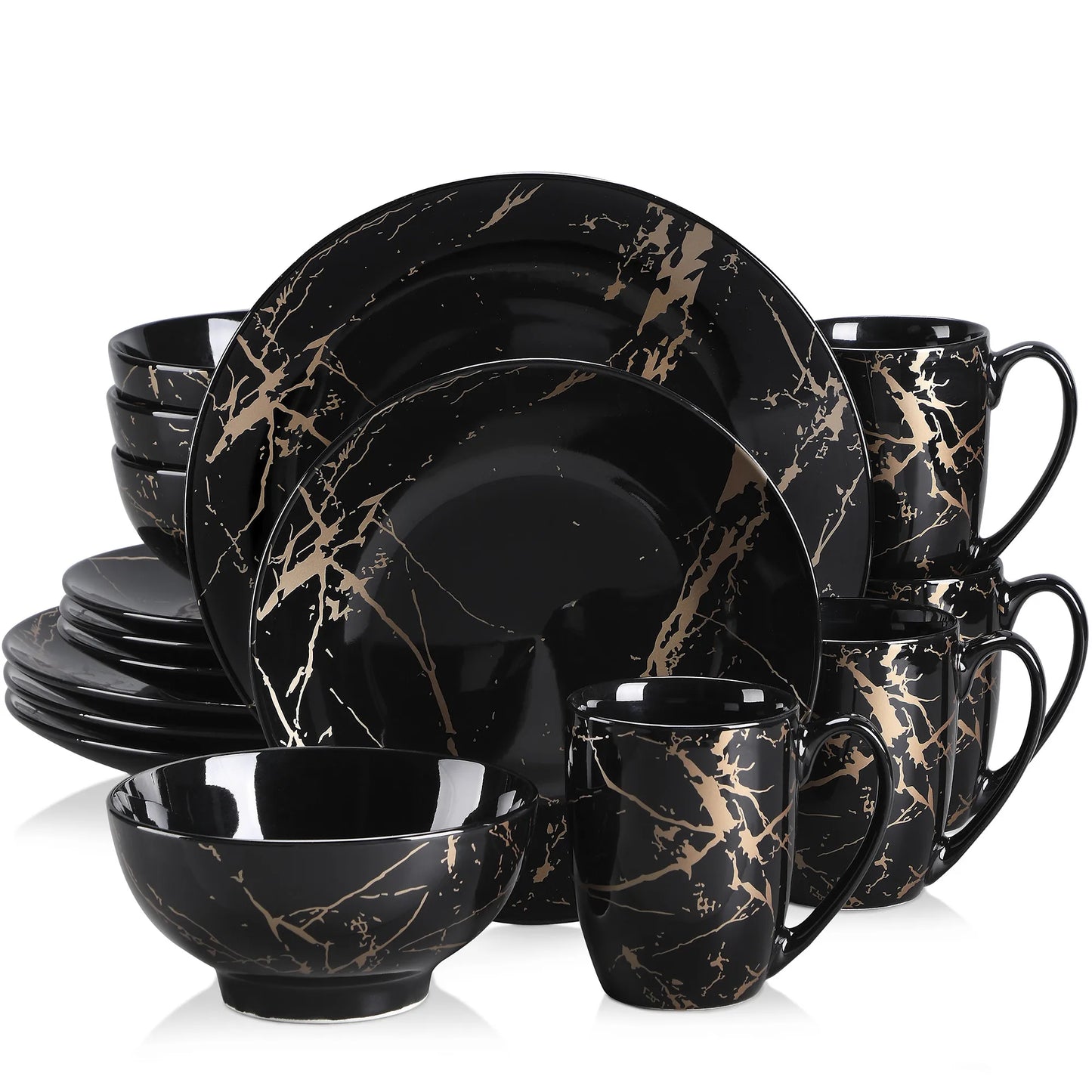 2021 LOVECASA Black 16/32/48 Piece Procelain Dinnerware Set Design By Gold Splash with Dinner Plate,Cake plate,Bowls,Coffee Cups