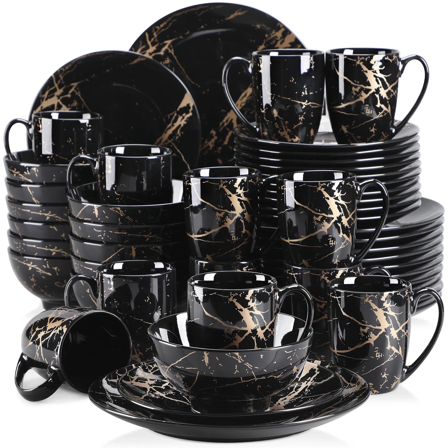 2021 LOVECASA Black 16/32/48 Piece Procelain Dinnerware Set Design By Gold Splash with Dinner Plate,Cake plate,Bowls,Coffee Cups