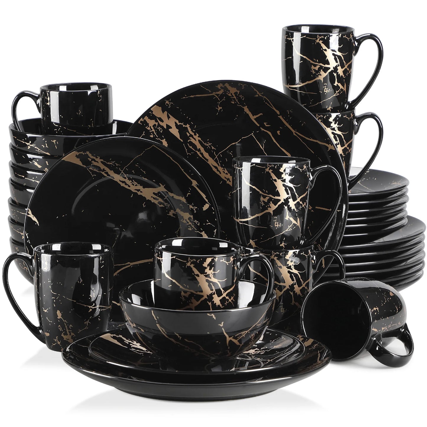 2021 LOVECASA Black 16/32/48 Piece Procelain Dinnerware Set Design By Gold Splash with Dinner Plate,Cake plate,Bowls,Coffee Cups