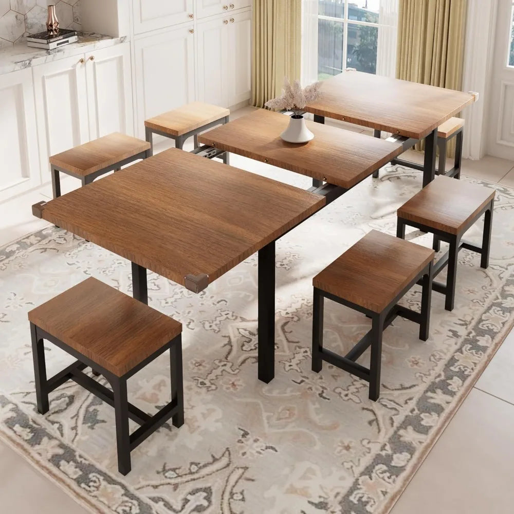 7-Piece Dining Table Set with 6 Stools