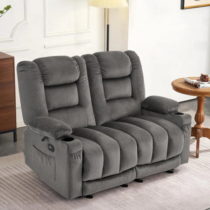 55.9" Power Loveseat Recliner  Heat and Vibration, Fabric Electric Loveseat Recliner, USB Charge Port, Cup Holders PR648 (Grey)