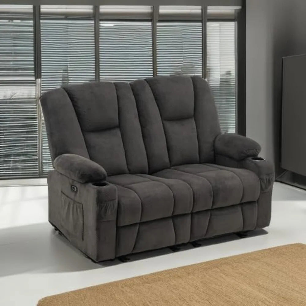 61.8" Power Loveseat Recliner Heat and Vibration, Fabric Electric Reclining Loveseat, USB Charge Port, Cup Holders  6025 (Grey)