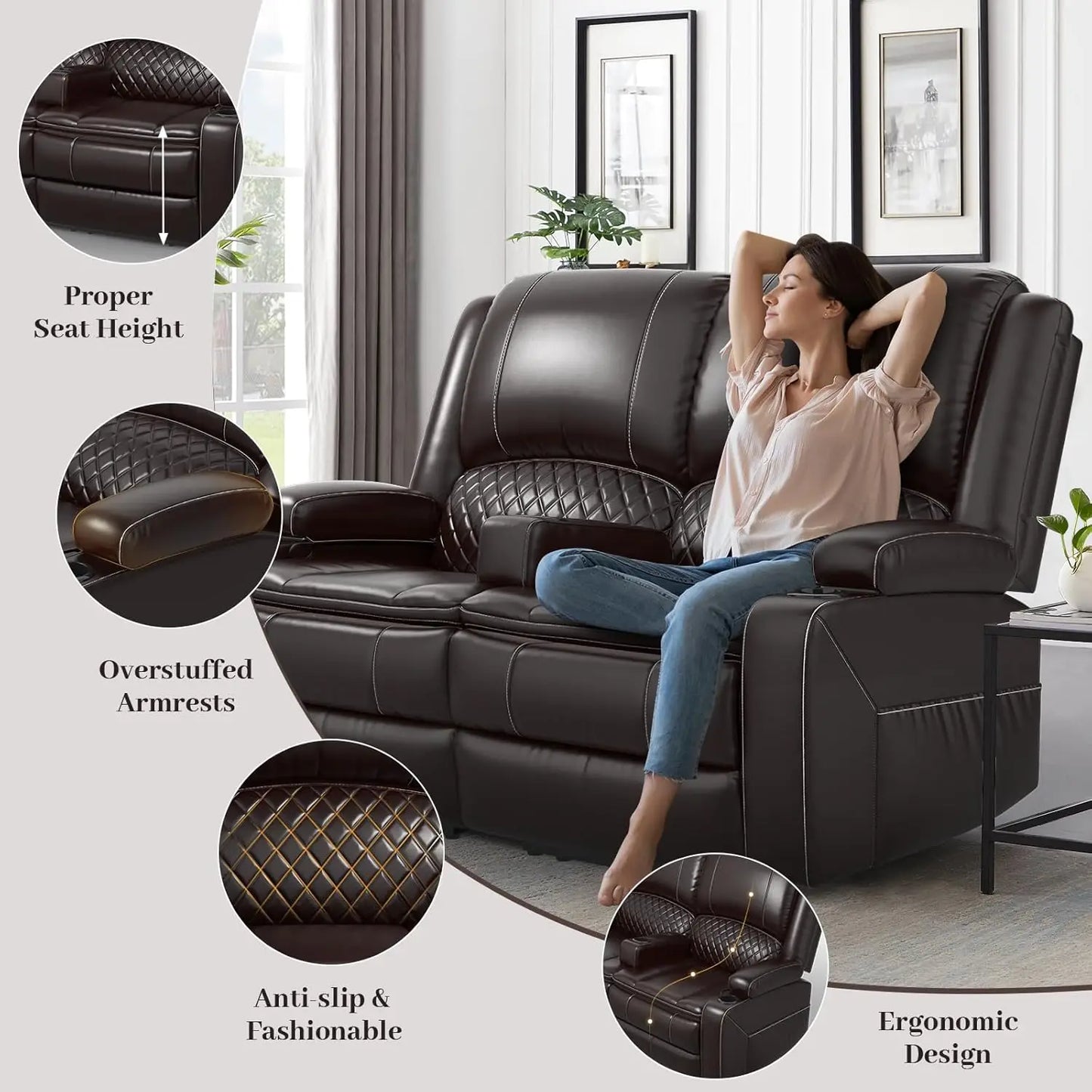 Recliner Sofa Set with 2Tier Cushion 2+1+1 Pieces in Living Room 2 Seater Reclining Loveseat Leather with Removable Console