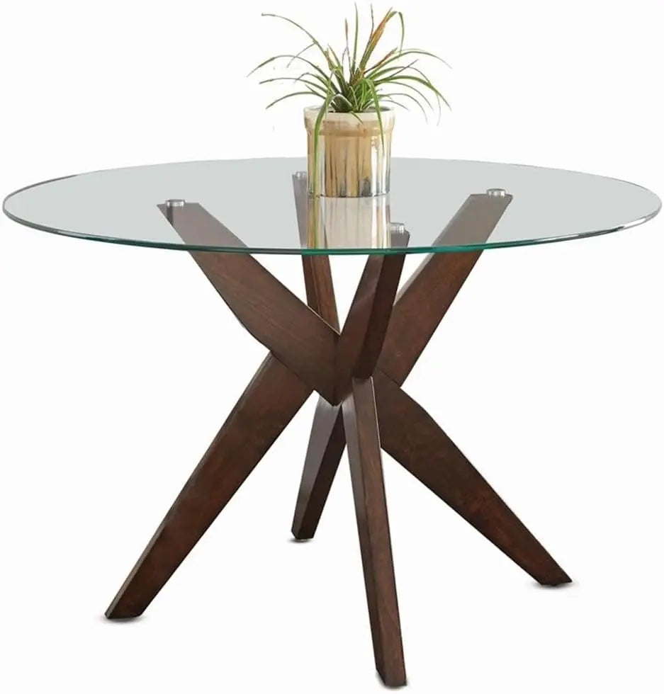 Round Modern Dining Table with Tempered Glass Top & Solid Rubberwood Base Architectural Pedesta, Conversational Feel