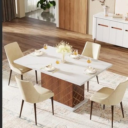 47 Inch Dining Table for 2-4, Modern Kitchen Table, Small Rectangular Dinner Table with Faux Marble Top & Wood Pedestal Base