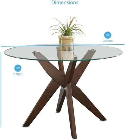 Round Modern Dining Table with Tempered Glass Top & Solid Rubberwood Base Architectural Pedesta, Conversational Feel