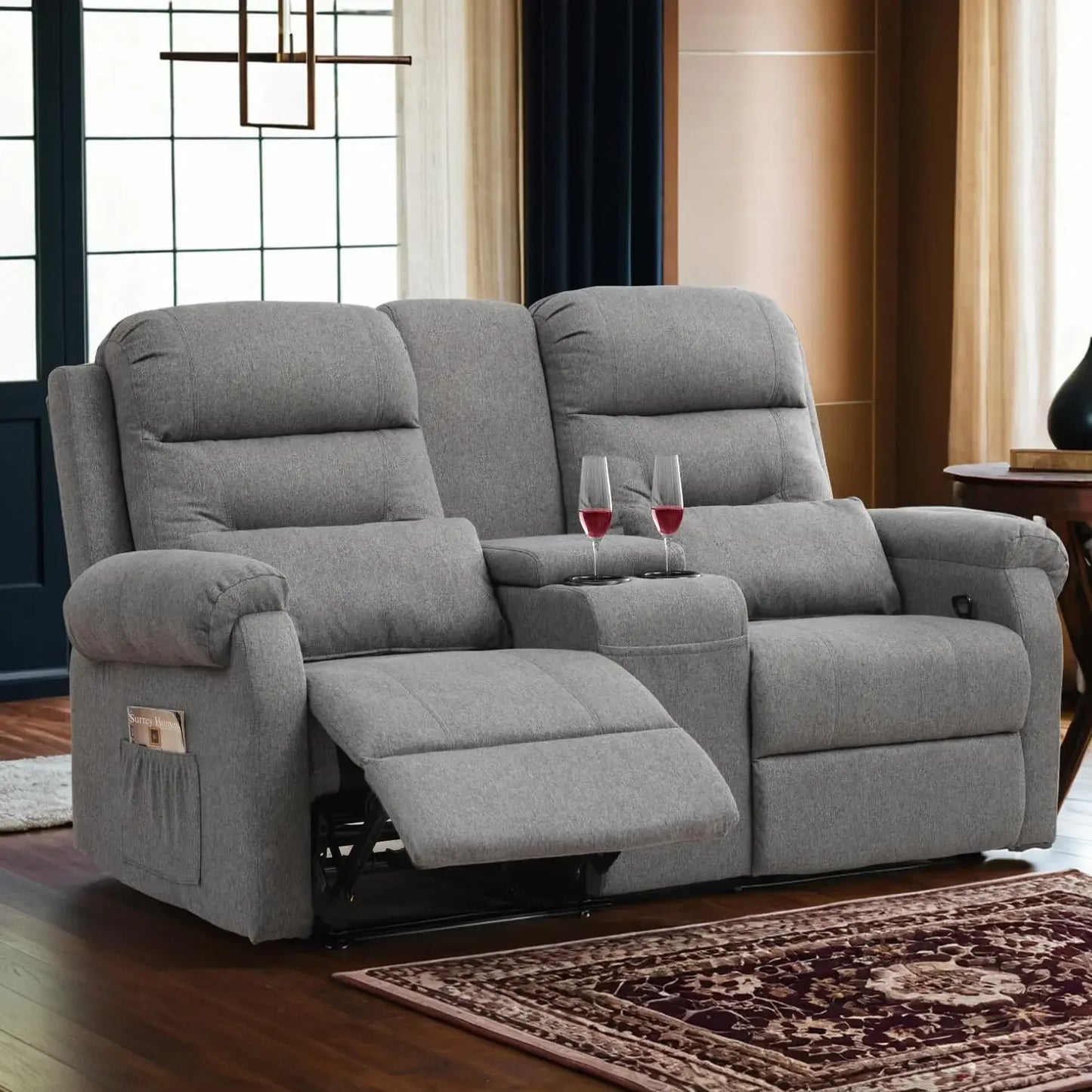 RV Loveseat Recliner with Console, Manual Home Theater Seating Loveseat with Cup Holders/Pockets, RV recliners for Living Room