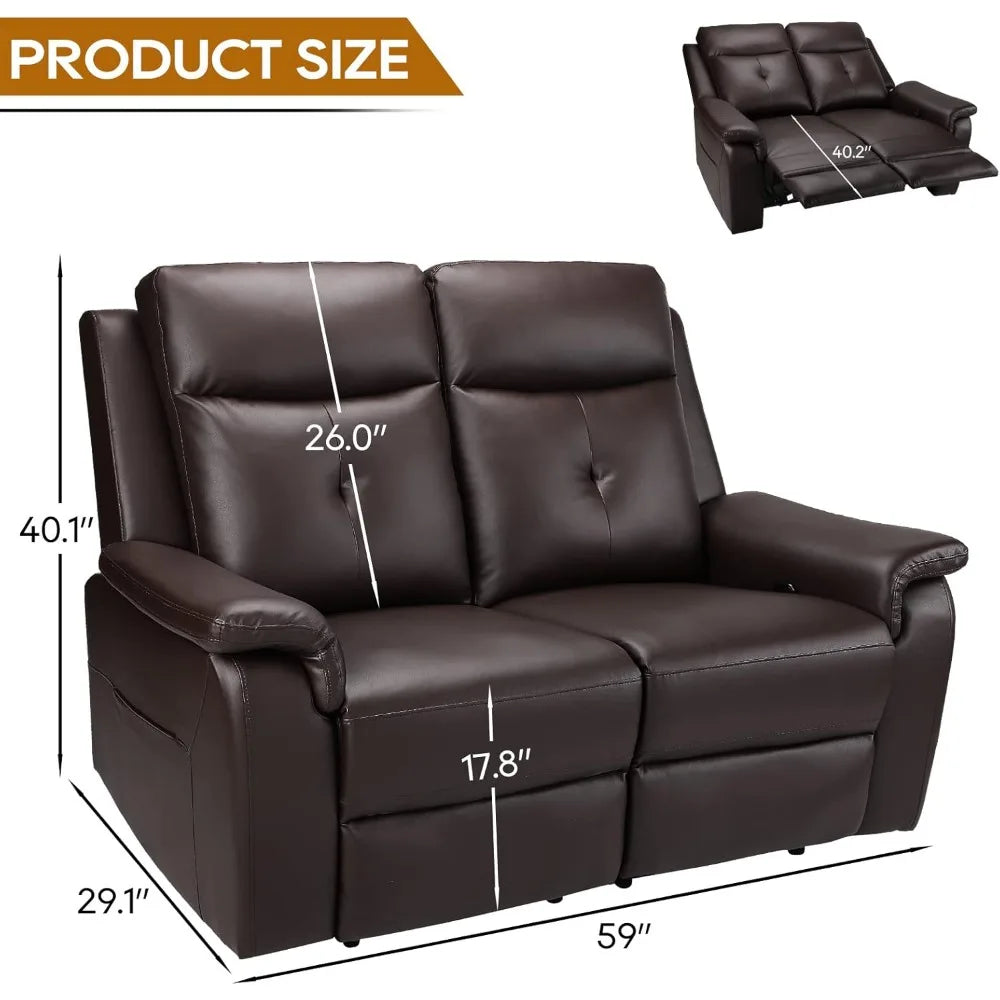 Leather Reclining Sofa - Manual Double Recliner Loveseat Massage & Heating - 2-Seater Seating, Reading Room, Bedroom (Brown)