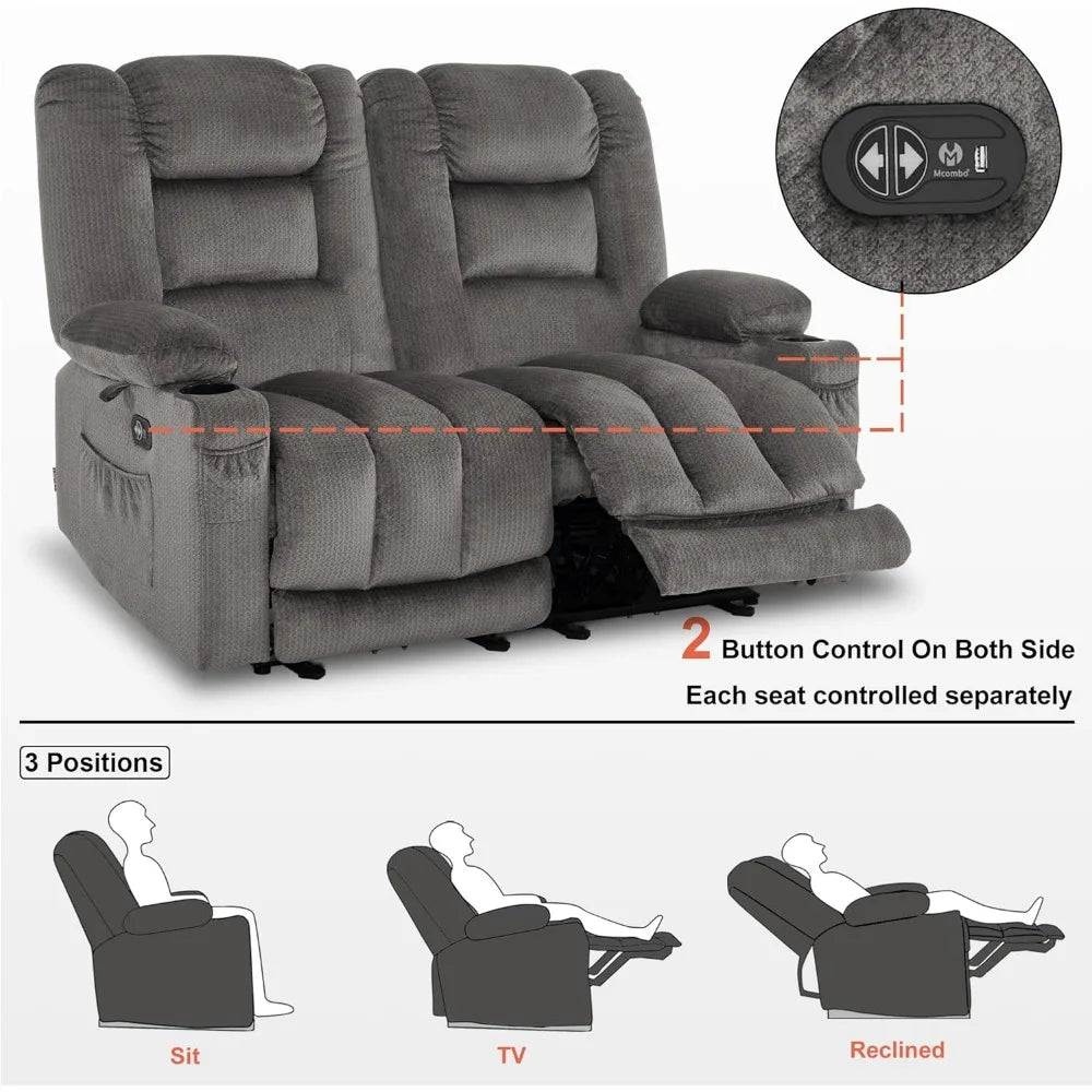 55.9" Power Loveseat Recliner  Heat and Vibration, Fabric Electric Loveseat Recliner, USB Charge Port, Cup Holders PR648 (Grey)