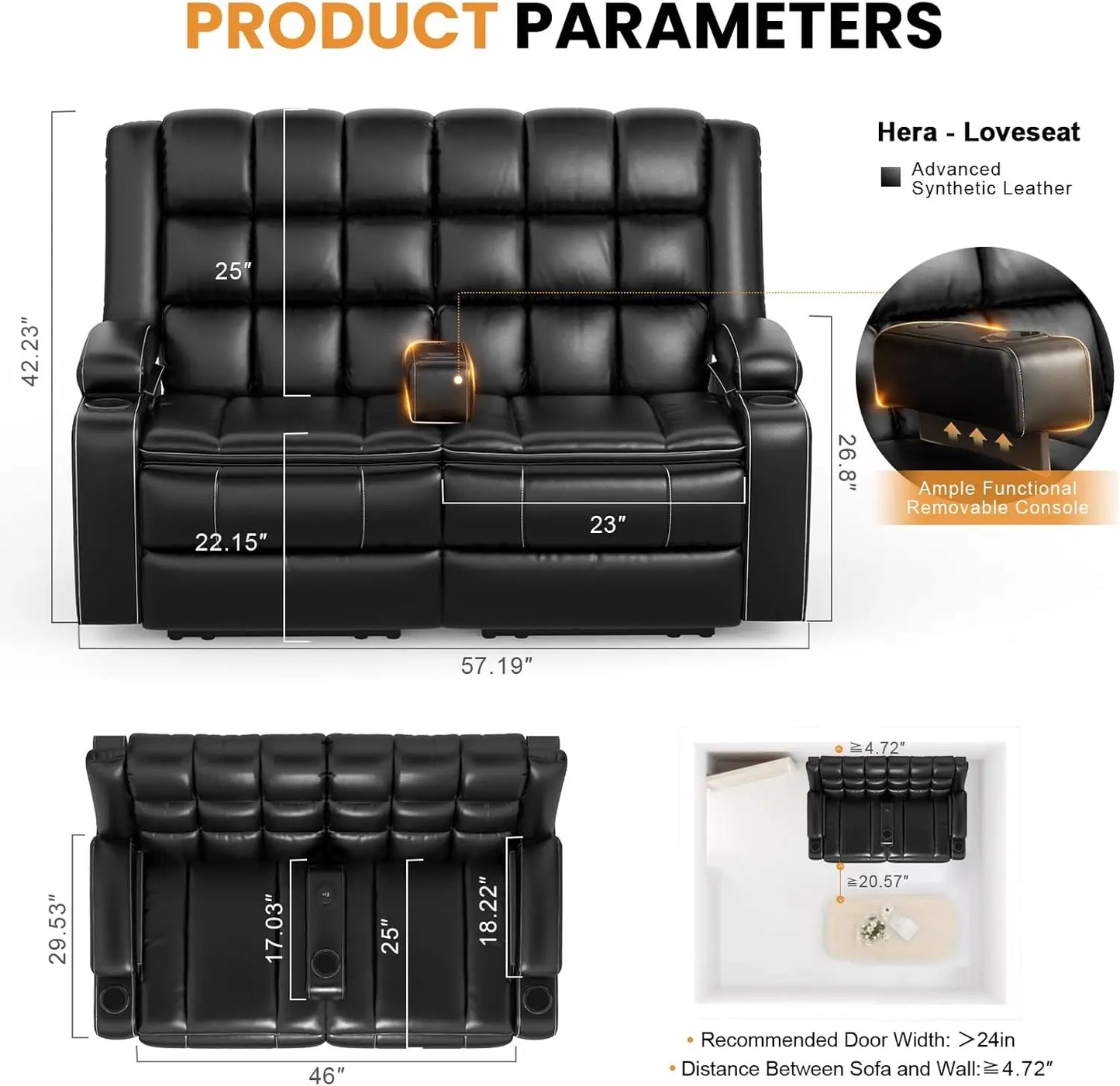 Sofa, Reclining Loveseat with Removable Console, USB Ports & Cup Holders, RV Wall Hugger Double Recliner Couch, 2 Layer Cushion