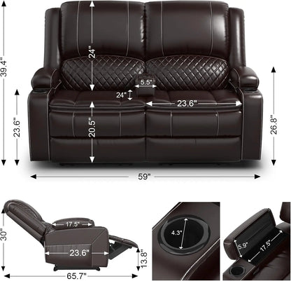 Recliner Sofa Set with 2Tier Cushion 2+1+1 Pieces in Living Room 2 Seater Reclining Loveseat Leather with Removable Console