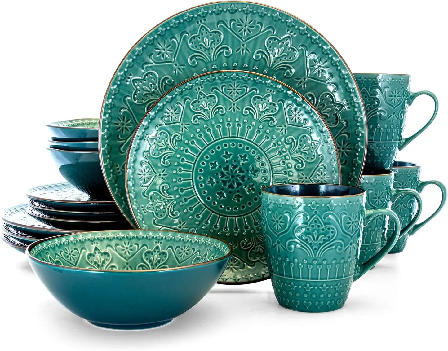 Round Stoneware Embossed Dinnerware Dish Set