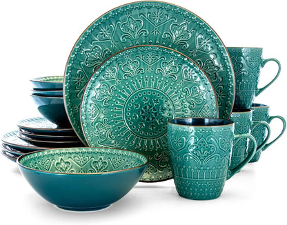 Round Stoneware Embossed Dinnerware Dish Set