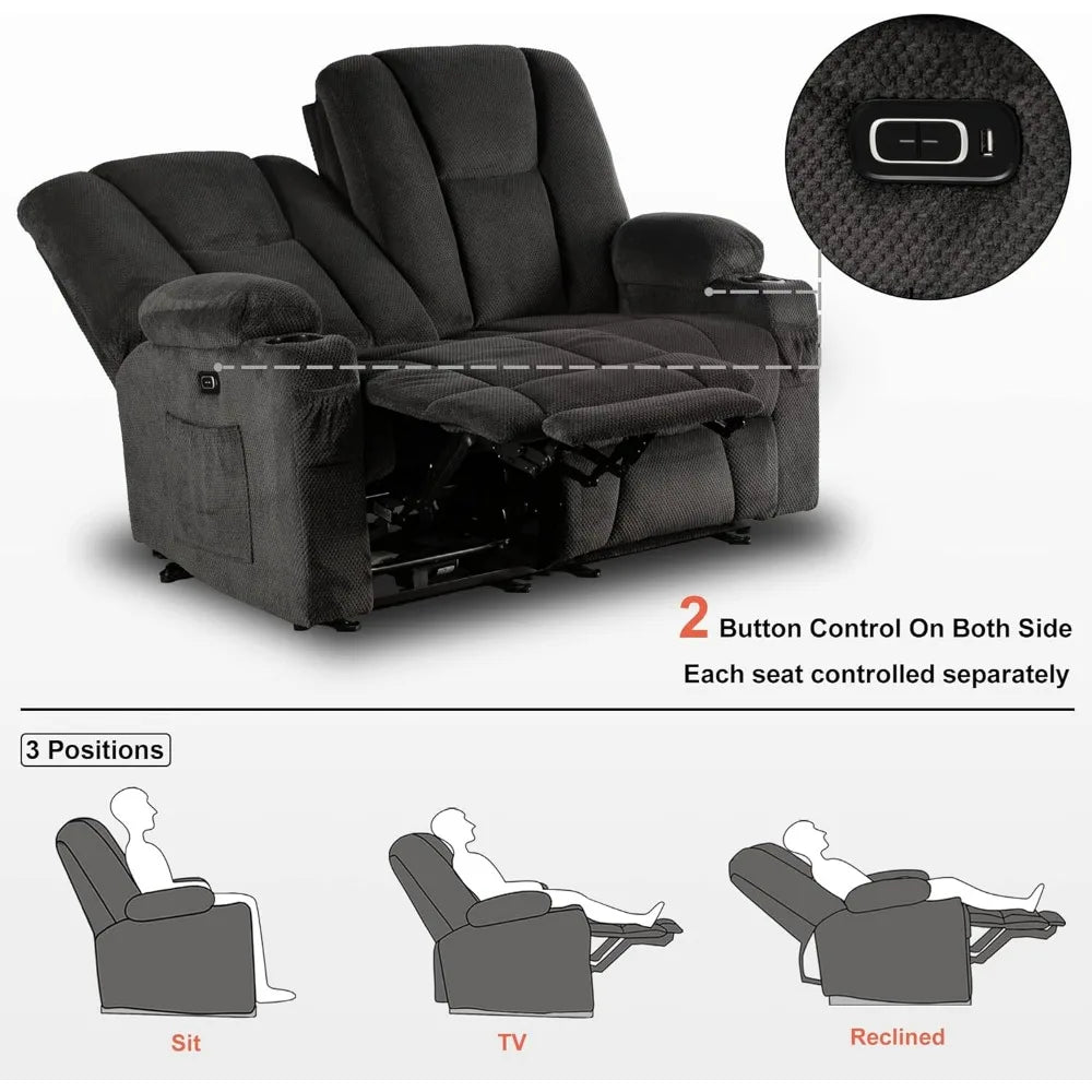 61.8" Power Loveseat Recliner Heat and Vibration, Fabric Electric Reclining Loveseat, USB Charge Port, Cup Holders  6025 (Grey)