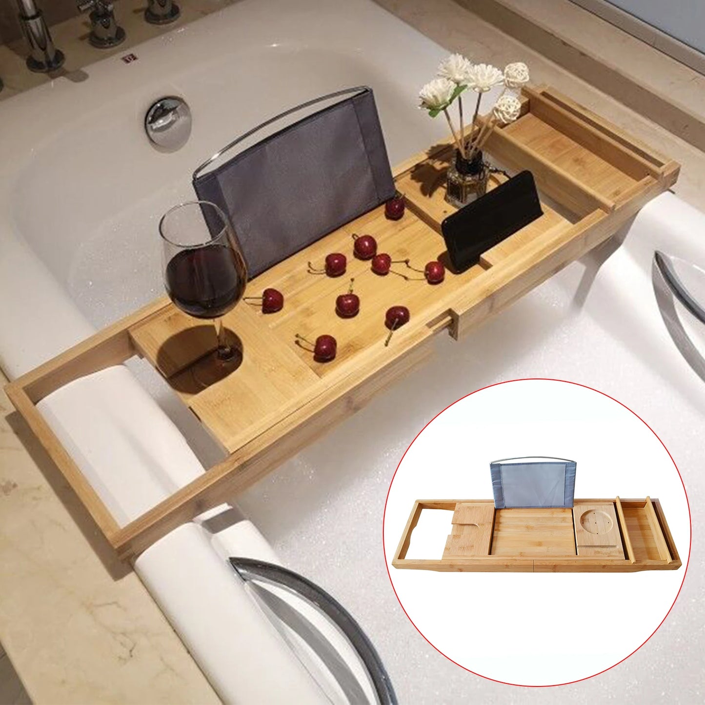 Bamboo Multifunctional Bathroom Tub Holder Retractable Non-slip