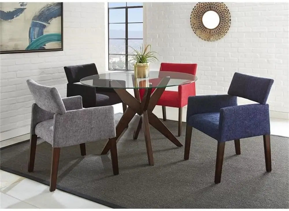 Round Modern Dining Table with Tempered Glass Top & Solid Rubberwood Base Architectural Pedesta, Conversational Feel