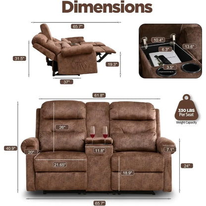 RV Loveseat Recliner with Console, Manual Home Theater Seating Loveseat with Cup Holders/Pockets, RV recliners for Living Room