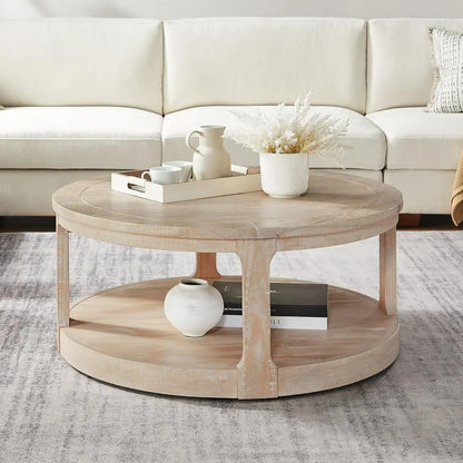 2 Tier Solid Wood Pedestal Coffee Table ,40-inch Wooden Round End Side Table Circle Accent Table for Bedroom Office