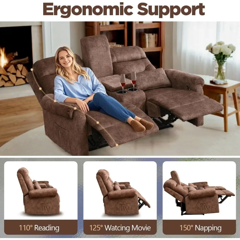 RV Loveseat Recliner with Console, Manual Home Theater Seating Loveseat with Cup Holders/Pockets, RV recliners for Living Room