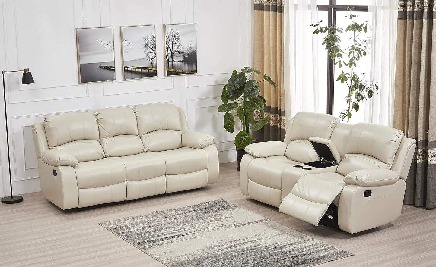 Living Room Sofas 2PC Bonded Leather Recliner Set Sofa Loveseat Beige 40"D X 85"W X 39.5"H Split Back Design Easy Assembly