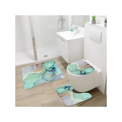 4 Pcs Shower Curtain Set with Non-Slip Rugs Toilet Lid Cover and Bath Mat, Green Marble Bathroom Decor Set with Accessories