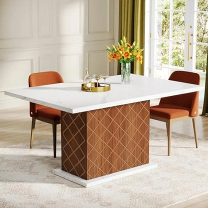 47 Inch Dining Table for 2-4, Modern Kitchen Table, Small Rectangular Dinner Table with Faux Marble Top & Wood Pedestal Base