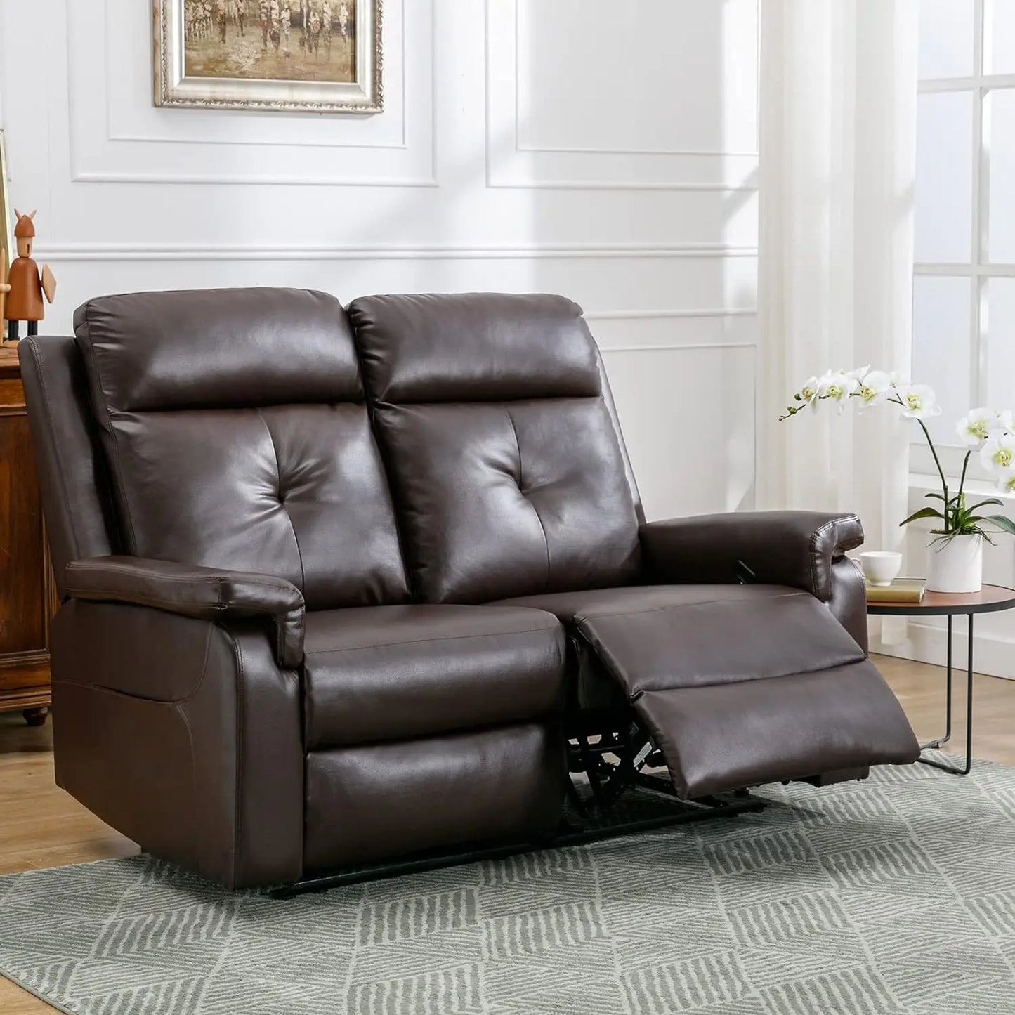 Leather Reclining Sofa - Manual Double Recliner Loveseat Massage & Heating - 2-Seater Seating, Reading Room, Bedroom (Brown)