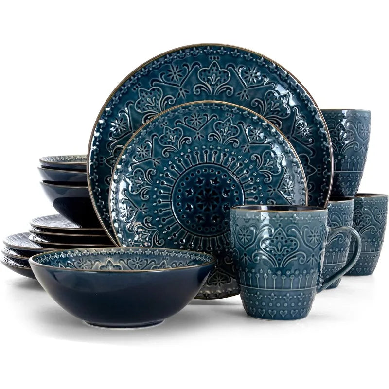 Round Stoneware Embossed Dinnerware Dish Set