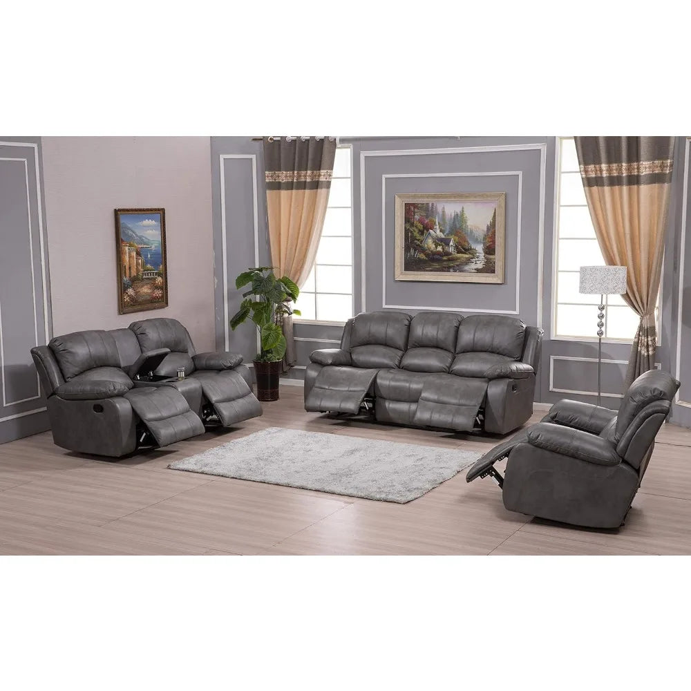 3PC Bonded Leather Reclining Sofa Chair Set Living Room Set Sofa Loveseat Glider Chair 8018 Multiple Colors (Gray)