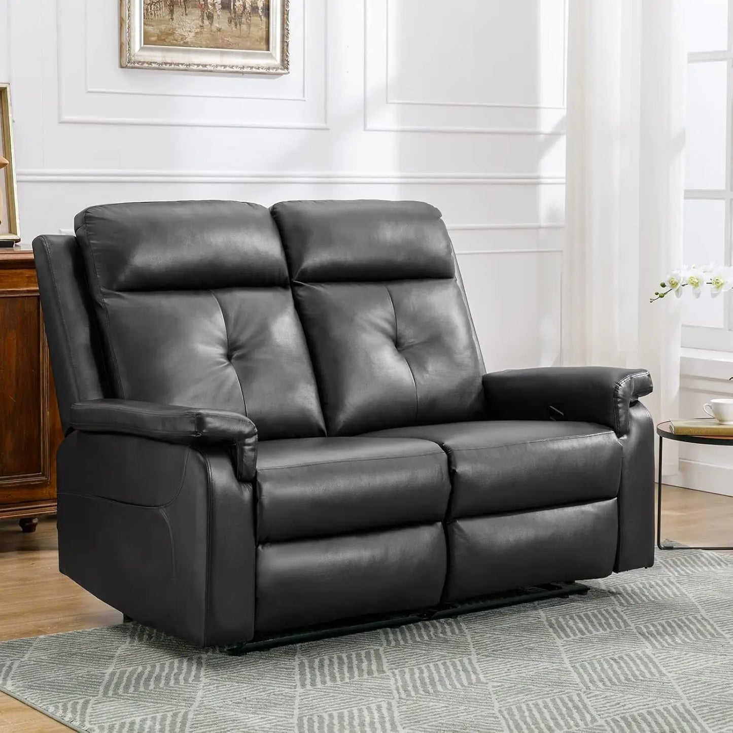 Leather Reclining Sofa - Manual Double Recliner Loveseat Massage & Heating - 2-Seater Seating, Reading Room, Bedroom (Brown)