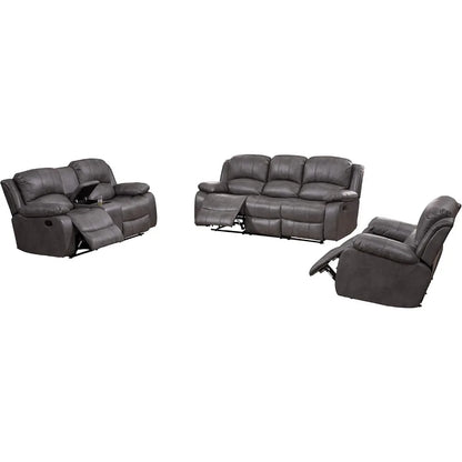 3PC Bonded Leather Reclining Sofa Chair Set Living Room Set Sofa Loveseat Glider Chair 8018 Multiple Colors (Gray)