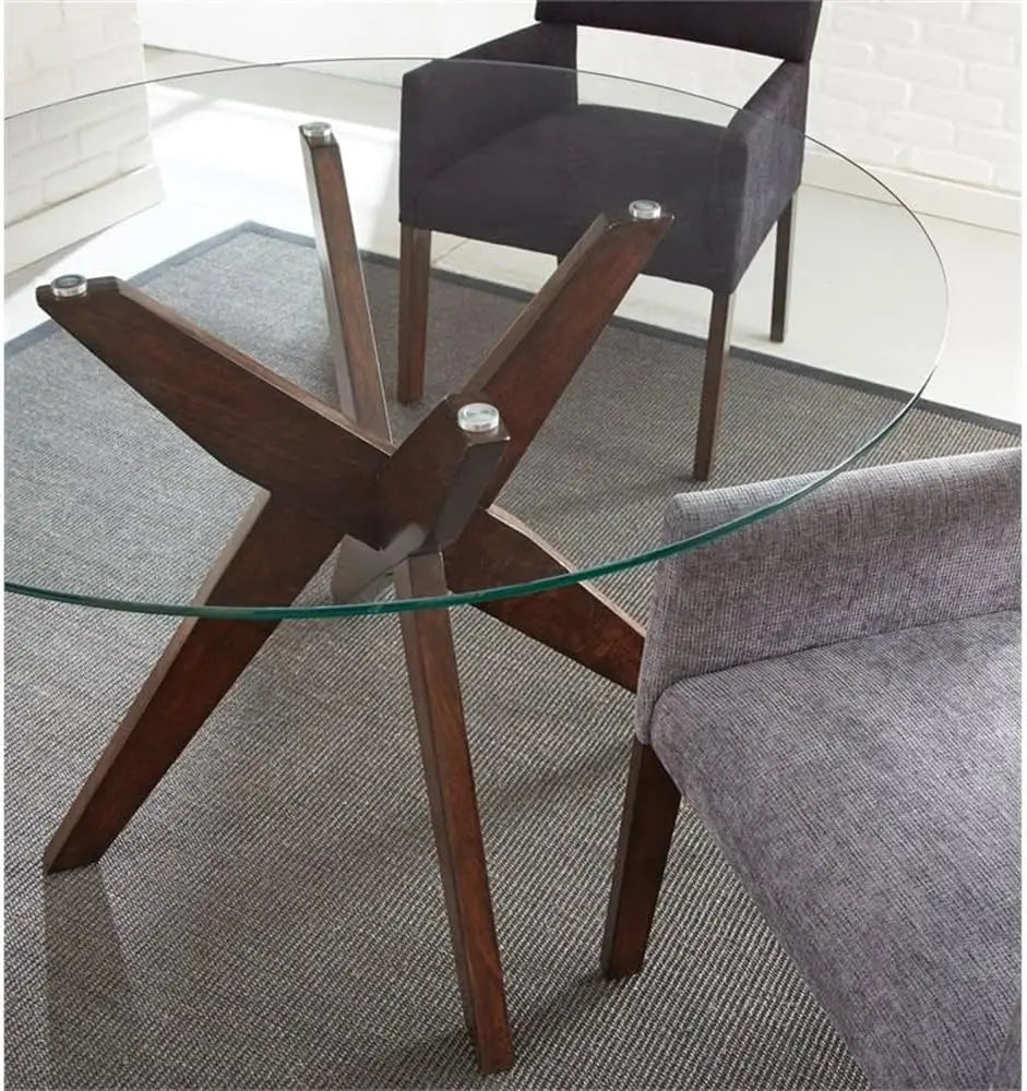 Round Modern Dining Table with Tempered Glass Top & Solid Rubberwood Base Architectural Pedesta, Conversational Feel