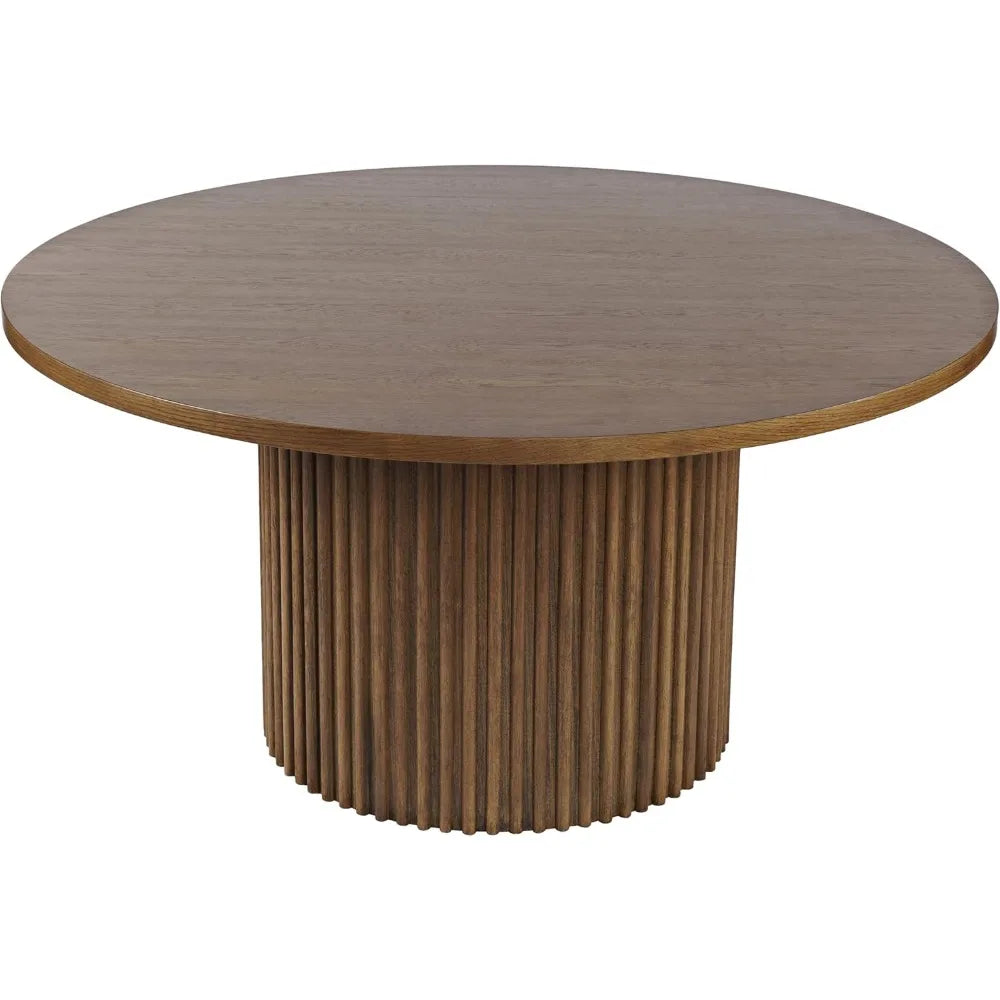 Round Mid-Century Modern Fluted Pedestal Base Dining Table,Chestnut,60" Mid-Century Modern Fluted Accents Provide Visual Depth