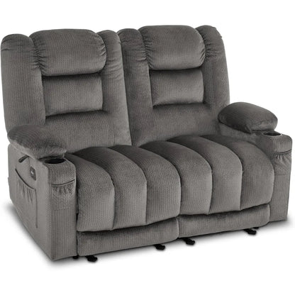 55.9" Power Loveseat Recliner  Heat and Vibration, Fabric Electric Loveseat Recliner, USB Charge Port, Cup Holders PR648 (Grey)